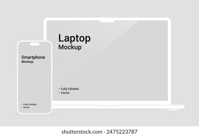 maqueta de la computadora portátil de arcilla y del teléfono inteligente con la pantalla en blanco, Ilustración vectorial plana del teléfono móvil