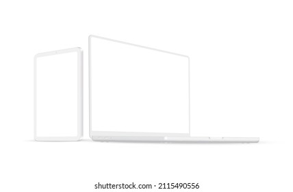 Portátil de arcilla y Tablet Computer Mockup with Perspective Side View, aislado en fondo blanco. Ilustración del vector