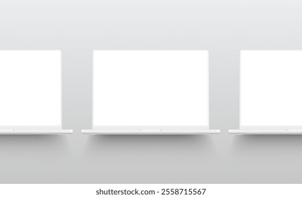 Clay Laptops Mockups With Shadows, Blank Screens. Vector Illustration