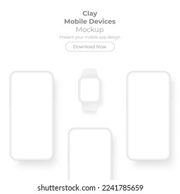 Clay Mobile Devices Mockup. Mobile Phones and Smart Watch, Isolated on White Background. Vector Illustration