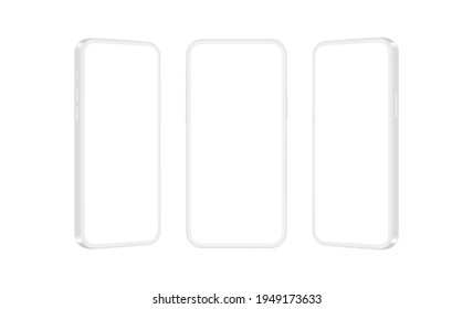 Clay Mobile Phones Mockups Isolated on White Background, Front and Side View. Vector Illustration