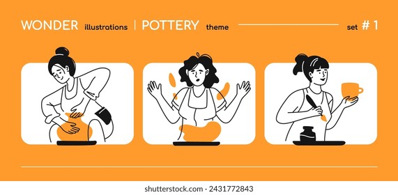 Clay modeling and leisure - line design style illustrations with copy space for text. A composition with three women doing sculpting. One creates a jug, the second is confused, the third makes a cup