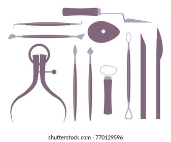 Clay modelling instruments and tools isolated vector illustration on white background. Set of art metal school equipment in gray color