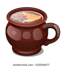 Clay mug in ethnic style with mulled wine isolated on a white background. Vector cartoon close-up illustration
