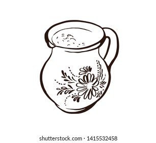 Clay mug of milk. Hand drawn design element.