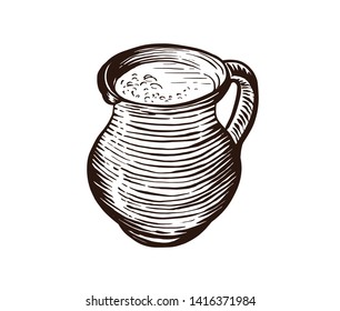 Clay mug of milk. Hand drawn design element. Vintage vector engraving illustration for logotype, poster, web.