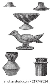 Clay objects found in the tombs of Turbaco, vintage engraved illustration. Le Tour du Monde, Travel Journal, (1872). 