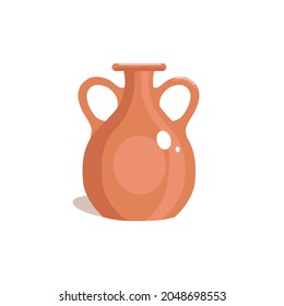 Clay old pitcher. Brown vase, flat style. Jug isolated on white background. Vector illustration.