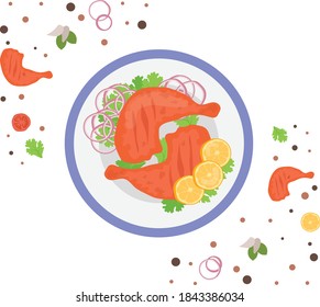 Clay Oven Roasted Chicken Icon, National Dish of Indian subcontinent Sign,Traditional cuisine Symbol, Gourmet food cooking and restaurant menu, Tandoori Chicken with seasonal Veggies on Plate Concept