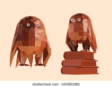 Clay Owl. Set of Brown Shiny Owls on Isolated Background. Low Poly Vector 3D Rendering