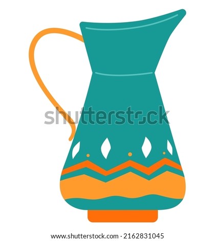 Clay painted jug - flat design style single isolated object. Neat detailed image of cookware suitable for all liquids. Kitchen, interior, pottery, ceramic decor and handcraft empty vase. Home decor