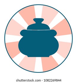 Clay ?ooking pan icon blue isolated on stripe pink round background. Vector illustration.