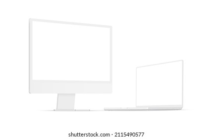 Clay PC and Laptop Mockup With Perspective Side View, Isolated on White Background. Vector illustration