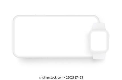 Clay Phone With Horizontal Screen and Smart Watch Mockup, Isolated on White Background. Vector Illustration