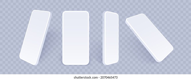 Clay Phone Mockup, Realistic Mobile Set Concept On Transparent Background. White Smartphones In Different Angles View With Blank Screen, 3d Vector Illustration Mock Up For App Design Presentation.