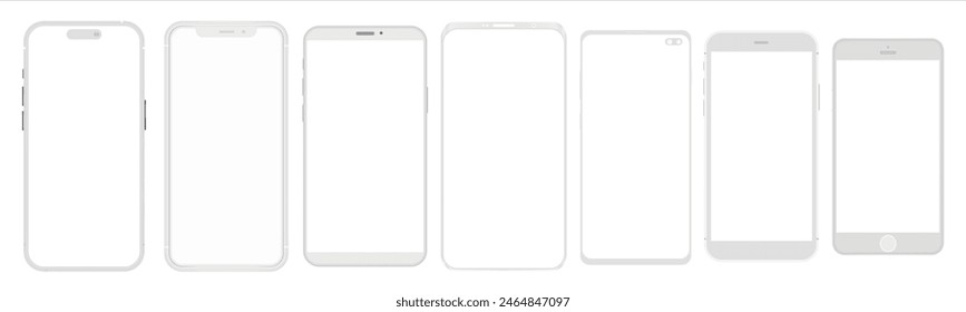 Clay phone mockup, realistic mobile set concept on transparent background. White smartphones in different angles view with blank screen, 3d vector illustration mock up for app design presentation.