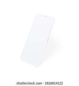 Clay phone mockup. Realistic white smartphone with empty screen for show your design, app, presentation. Isolated 3d mobile side view template with volume buttons and shadow.