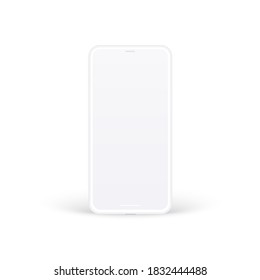 Clay phone mockup. White mobile device concept isolated with blank screen for show your ux design, site, presentation and promo. Realistic generic 3d smartphone standing on desk with shadow.