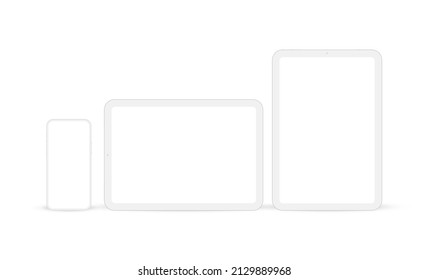 Clay Phone with Tablet Horizontal and Vertical Mockup, Isolated on White Background. Vector Illustration