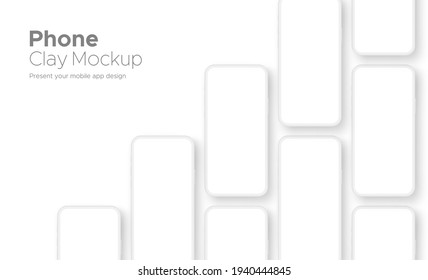 Clay Phones Mockups with Blank Screens Isolated on White Background. Vector Illustration