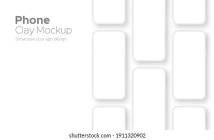 Clay Phones Screens Mockups for App Design, Isolated on White Background. Vector Illustration