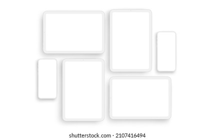 Clay Phones and Tablets Screens for Mobile App Design, Isolated on White Background. Vector Illustration