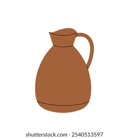 Clay pitcher. Jug for different drinks. Flat illustration on white background. 