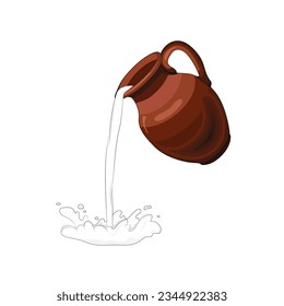 Clay pitcher, traditional ceramic pottery pouring water or milk. Ceramic jug, earthenware pot, traditional vase with handle. Crock craft vector illustration, stock image. Brown jar, ancient amphora