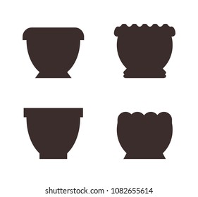 Clay plastic big pots for indoor plants black monochrome silhouettes vector. Flower vase with wavy edges and smooth surface. Containers to grow houseplants