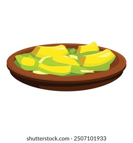 Clay plate is presenting sliced avocado with green dip, offering a visually appealing and nutritious meal option for health conscious individuals