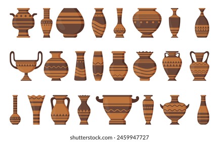 Jarrón griego antiguo conjunto de colección, Logos con urnas de la antigüedad griega, Antiguas ollas de arcilla hechas a mano romana, Antiguo conjunto de cerámica, Maceta arqueológica de cerámica, cerámica de barro, Antigua ánfora boho