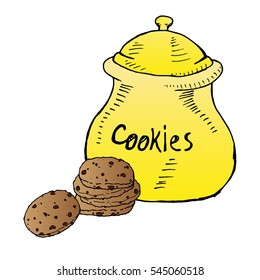 Clay pot with biscuits. Vector illustration of a vase with cookies. Hand drawn cookies in a ceramic pot.