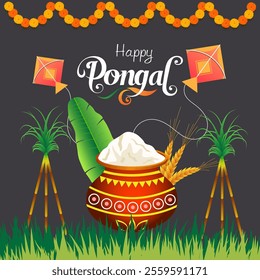  A clay pot of boiling milk and rice sugarcane banana leaves wheat stalks colorful kites marigold garlands and the words Happy Pongal It evokes the festive joyful spirit of the harvest celebration