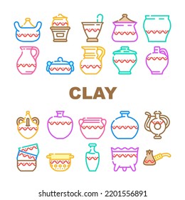 clay pot ceramic pottery bowl icons set vector. traditional vase food, old art, ancient earthware, craft jug, kitchen brown dish clay pot ceramic pottery bowl color line illustrations