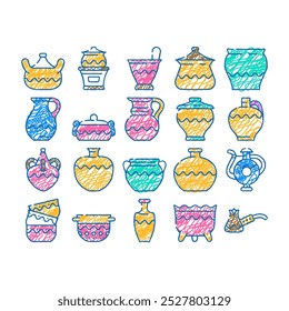 clay pot ceramic pottery bowl doodle icons set vector. sketch line art traditional vase food, old art, ancient earthware, craft jug kitchen brown dish clay pot ceramic pottery bowl color illustrations
