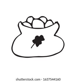 Clay pot with coins for St. Patrick's Day. Vector drawing. Doodle style