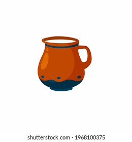 Clay pot. Earthenware jug of milk. Old Water bowl with a handle. Ceramic tableware. Vintage rustic cookware.