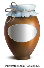 Clay pot for eating with an empty label for inscription. Vector illustration