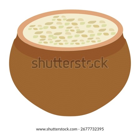 Clay pot filled with rice pudding kheer dessert flat vector illustration