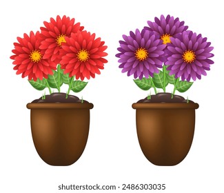 Clay pot with flowers. Vector 3D clipart.