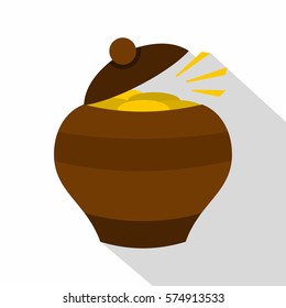 Clay pot full of gold coins icon. Flat illustration of clay pot full of gold coins vector icon for web   on white background