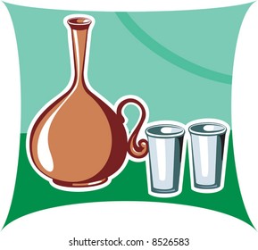  clay pot and glasses in green background	
