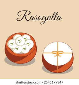 Clay pot (handi) with traditional Indian sweets rasgulla (rosogulla) . Famous Bengali festive food. Vector illustration.
