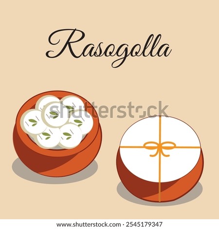 Clay pot (handi) with traditional Indian sweets rasgulla (rosogulla) . Famous Bengali festive food. Vector illustration.
