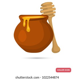 Clay pot with honey and wooden spoon color flat icon