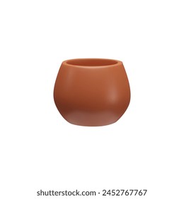 Clay pot for house plants 3D vector illustration. Glossy empty terracotta flowerpot. Brown ceramic bowl for interior decoration isolated on white. Plastic vase round shape. Garden container