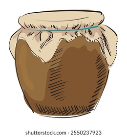 Ton Topf oder Glas mit Honig mit Tuch oder Papier bedeckt. Ökologisches Landwirtschaftsprodukt. Behälter zur Lagerung von Milch, Honig, saurer Sahne, Butter, Marmelade und Milchprodukten. Handgezeichnete, einzelne Vektorgrafik.