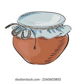 Clay pot or jar with honey covered with cloth or paper. Farm organic product. Container for storing milk, honey, sour cream, butter, jam and dairy product. Hand drawn vector isolated illustration.