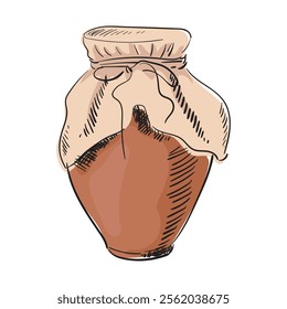 Clay pot or jar with honey covered with cloth or paper. Farm organic product. Container for storing milk, honey, sour cream, butter, jam and dairy product. Hand drawn vector isolated illustration.