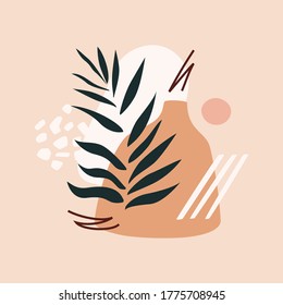 Clay pot and leaves. Abstract trendy composition on a blush pink background. Modern illustration for web or app design, wall decoration, print materials.